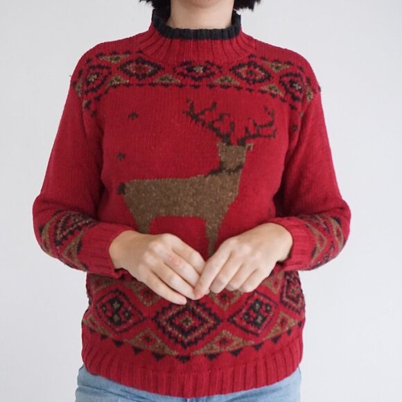 Vintage Eddie Bauer Hand Knit Red Wool Deer Sweater Fair Isle Alpinecore SP - Picture 2 of 10